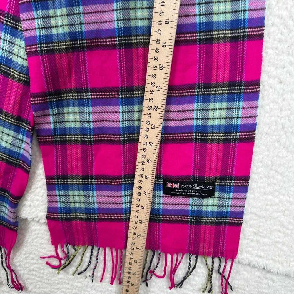 100% Cashmere Scarf Made in Scotland Pink Tartan Plaid Fringe Winter Wrap Preppy